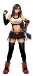  1girl bangs bare_shoulders belt black_belt black_hair black_legwear black_skirt black_sports_bra boots breasts brown_eyes brown_footwear collarbone commentary_request elbow_gloves eyebrows_behind_hair final_fantasy final_fantasy_vii final_fantasy_vii_remake fingerless_gloves full_body gauntlets gloves groin hair_between_eyes hand_on_hip hand_up highres korean_commentary large_breasts long_hair looking_at_viewer low-tied_long_hair midriff miniskirt navel pleated_skirt psychicjin shirt sidelocks simple_background single_gauntlet skirt smile snap-fit_buckle solo standing suspender_skirt suspenders tank_top taut_clothes taut_shirt thighhighs tifa_lockhart white_background white_tank_top zettai_ryouiki 