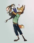  2020 barefoot brown_body brown_fur canid canine clothed clothing fully_clothed fur grin hi_res hug lagomorph leporid lifting mammal maned_wolf one_eye_closed open_mouth open_smile rabbit simple_background smile smores_(ribbontini) standing vulpesvant vulpesvant_(character) white_body white_fur 