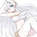  1girl anastasia_(fate/grand_order) bangs bare_shoulders bikini blue_eyes blush breasts chan_co cleavage elbow_gloves fate/grand_order fate_(series) gloves hair_over_one_eye hairband large_breasts long_hair looking_at_viewer silver_hair simple_background solo swimsuit white_background white_bikini white_gloves 