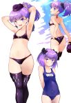  1girl absurdres armpits arms_behind_head arms_up ass back bangs bare_shoulders bikini black_bikini blue_swimsuit blush breasts closed_mouth collarbone fate/grand_order fate_(series) garrison_cap hat helena_blavatsky_(fate/grand_order) helena_blavatsky_(swimsuit_archer)_(fate) highres looking_at_viewer looking_back multiple_views navel one-piece_swimsuit open_mouth ponytail purple_eyes purple_hair school_swimsuit small_breasts smile swimsuit thighhighs thighs yossy_(yossy1130) 