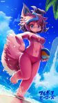  9:16 absurd_res anthro beach bikini blue_eyes blue_hair breasts canid canine canis cleavage clothed clothing copyright_name day domestic_dog female full_bokko_heroes full_bokko_heroes_x fur hair hi_res jabberwock_(full_bokko_heroes_x) jabberwock_(fullbokko_heroes) kemono lyc mammal multicolored_hair navel on_one_leg outside pink_body pink_fur pink_hair seaside short_hair smile solo standing swimwear water 