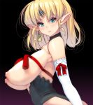  1girl bangs bare_shoulders blonde_hair blue_eyes blush breasts dark_background detached_collar earrings elbow_gloves elf eyebrows_visible_through_hair forehead_jewel gloves gradient gradient_background highres jewelry large_breasts looking_at_viewer masao medium_hair nipples original pointy_ears profile red_ribbon ribbon solo 