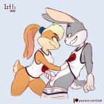  1:1 2020 anthro anthro_on_anthro balls blush bottomless bugs_bunny clothed clothing duo erection eye_contact female fur genitals gloves grey_body grey_ears grey_fur grey_tail handjob handwear hi_res iztli lagomorph leporid lola_bunny long_ears looking_at_another looney_tunes male male/female mammal multicolored_clothing multicolored_topwear penile penis rabbit sex simple_background text topwear two_tone_tail underwear underwear_down url warner_brothers white_clothing white_gloves white_tail white_topwear 