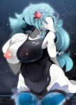  anthro big_breasts blue_eyes blue_hair blush breasts clothing female genitals hair hi_res kouseki0024 long_hair looking_at_viewer mammal marine nintendo nipples one_breast_out pinniped pok&eacute;mon pok&eacute;mon_(species) primarina pussy smile solo swimwear video_games 