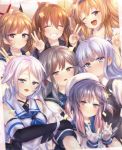  6+girls :d ;d ^_^ bandaid bandaid_on_face black_gloves black_serafuku black_vest blue_eyes blue_hair blue_neckwear blush brown_eyes brown_hair closed_eyes commentary_request double_v elbow_gloves eyebrows_visible_through_hair facing_viewer fumizuki_(kantai_collection) gloves gradient_hair grey_hair hair_ribbon hat hatsukaze_(kantai_collection) hime_cut i-26_(kantai_collection) juurouta kantai_collection light_brown_hair long_hair mole mole_under_eye multicolored_hair multiple_girls neckerchief oboro_(kantai_collection) one_eye_closed open_mouth ponytail purple_eyes purple_hair ribbon sailor_collar sailor_hat school_uniform serafuku shirt short_hair short_sleeves silver_hair sleeveless sleeveless_shirt smile tsushima_(kantai_collection) two_side_up umikaze_(kantai_collection) usugumo_(kantai_collection) v vest white_gloves white_shirt 