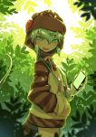  1girl absurdres backlighting cellphone cowboy_shot dappled_sunlight day fangs from_side green_eyes hair_between_eyes hand_in_pocket hand_up headphones highres holding holding_phone hood hood_up hoodie kemono_friends long_sleeves looking_at_viewer looking_to_the_side neck_ribbon open_mouth outdoors phone pocket ribbon smartphone snake_tail solo st.takuma striped striped_hoodie striped_tail sunlight tail tsuchinoko_(kemono_friends) upper_teeth 