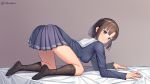  1girl absurdres all_fours arched_back black_legwear blue_jacket blue_skirt brown_eyes brown_hair closed_mouth full_body grey_background highres indoors jacket katou_megumi kneehighs konishi_(565112307) long_sleeves looking_at_viewer miniskirt pleated_skirt saenai_heroine_no_sodatekata sailor_collar school_uniform shiny shiny_hair short_hair skirt smile solo watermark white_sailor_collar 