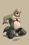  absurd_res animal_genitalia animal_penis anthro balls belly bodily_fluids canid canine canine_penis canis fullbodywolf fur genital_fluids genitals green_body green_fur hi_res kneeling knot male mammal markings penis precum red_markings slightly_chubby solo white_body white_fur wolf 