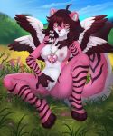  4_toes 5_fingers anthro areola breasts brown_hair day detailed_background eyebrows eyelashes feathered_wings feathers felid feline female fingers fur grass hair hi_res hybrid ketty mammal nipples outside pink_body pink_feathers pink_fur sitting sky solo toes white_body white_fur wings yellow_eyes 