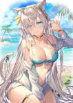  1girl anastasia_(fate/grand_order) animal_ears bangs bare_shoulders beach bikini black_bikini blue_eyes blush breasts cat_ears cat_tail cleavage collarbone fate/grand_order fate_(series) hairband highres jacket large_breasts long_hair long_sleeves looking_at_viewer off_shoulder open_clothes open_jacket open_mouth rin_yuu silver_hair solo swimsuit tail 