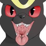  1:1 2019 ambiguous_gender black_body black_fur black_nose bodily_fluids bust_portrait digital_drawing_(artwork) digital_media_(artwork) drooling fangs feral fur happy looking_up markings mouth_shot open_mouth open_smile pink_tongue portrait presenting_mouth randomlucario red_eyes saliva saliva_on_tongue saliva_string shaded simple_background smile solo teeth throat tongue tongue_out uvula white_background yellow_markings 