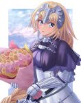  1girl armor armored_dress bangs blonde_hair blue_eyes bouquet braid braided_ponytail chain eyebrows_visible_through_hair fate/apocrypha fate_(series) faulds floating_hair flower hair_between_eyes headpiece highres holding holding_bouquet jeanne_d&#039;arc_(fate) jeanne_d&#039;arc_(fate)_(all) long_hair looking_at_viewer open_mouth pink_flower pink_rose ponytail red_flower rose shiny shiny_hair solo souyoru standing sword very_long_hair weapon yellow_flower 