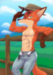  2020 abs akiric anthro arm_tuft belt biceps blue_sky bottomwear briefs bulge canid canine cheek_tuft chest_tuft clothed clothing cloud cowboy_hat dipstick_ears disney elbow_tufts eyes_mostly_closed facial_tuft fence fox gloves_(marking) grass green_eyes hat headgear headwear hi_res inner_ear_fluff jeans leaning leaning_back male mammal markings multicolored_ears muscular muscular_male narrowed_eyes neck_tuft nick_wilde open_pants outside pants pawpads pecs red_fox sky smile solo tipping_hat topless tuft underwear zootopia 