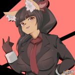  1:1 anthro black_clothing breasts canid canine clothed clothing eyebrow_through_hair eyebrows female fox hair hi_res humanoid_face inner_ear_fluff mammal mofumofumachine monotone_necktie necktie open_mouth red_necktie solo teeth tongue translucent translucent_hair tuft 