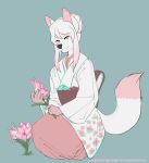  anthro asian_clothing black_nose canid canine canis clothing east_asian_clothing female flower fur hair hi_res japanese_clothing katibara kimono long_hair mammal pink_body pink_eyes pink_fur pink_hair plant sakuradlyall simple_background solo white_body white_fur wolf 