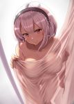  1girl azur_lane black_hairband breasts closed_mouth commentary_request curtains hairband highres lace-trimmed_hairband large_breasts looking_at_viewer maku_ro nude red_eyes short_hair silhouette sirius_(azur_lane) solo white_hair 