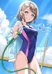  1girl blue_eyes blue_jacket blue_sky cloud competition_swimsuit contrapposto cowboy_shot day empty_pool gorilla-shi grey_hair grin highres hose jacket looking_at_viewer love_live! love_live!_sunshine!! one-piece_swimsuit outdoors short_hair sky smile solo standing swimsuit watanabe_you water 