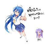  2girls ahoge blue_eyes blue_hair blush closed_mouth ejami green_eyes hair_ribbon hiiragi_kagami izumi_konata long_hair looking_at_viewer lucky_star multiple_girls open_mouth purple_hair ribbon ryouou_school_uniform school_uniform serafuku simple_background skirt smile twintails white_background 