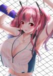  1girl :p absurdres armpits arms_up azur_lane bangs bare_shoulders blush bottle breasts bremerton_(azur_lane) bremerton_(scorching-hot_training)_(azur_lane) chain-link_fence cleavage collarbone collared_shirt commentary_request covered_nipples crop_top crop_top_overhang eyebrows_visible_through_hair fence green_skirt grey_hair hair_between_eyes hair_intakes hair_ornament hairclip heart heart_necklace highres holding holding_bottle kami_no_kaze_zero large_breasts long_hair looking_at_viewer midriff mole mole_under_eye multicolored_hair navel pink_eyes pink_hair pixiv_id pouring_onto_self see-through shirt sidelocks skirt sleeveless sleeveless_shirt smile solo sportswear standing streaked_hair sweat tennis_uniform tongue tongue_out twintails two-tone_hair two-tone_shirt two-tone_skirt upper_body water water_bottle wet wet_clothes wet_shirt white_background white_shirt white_skirt x_hair_ornament 