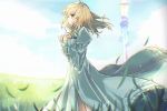  1girl absurdres ahoge artoria_pendragon_(all) bangs blonde_hair blue_dress blue_ribbon blurry blurry_background closed_mouth day dress eyebrows_visible_through_hair fate/stay_night fate_(series) floating_hair grass green_eyes hair_between_eyes highres long_dress long_hair long_sleeves nayu_tundora neck_ribbon outdoors profile ribbon saber smile solo standing straight_hair 