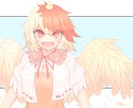  1girl :d animal_on_head bangs bird blonde_hair breasts chick cleavage commentary_request cube85 dress eyebrows_visible_through_hair fangs feathered_wings frilled_shirt_collar frills large_breasts looking_at_viewer multicolored_hair neck_ribbon niwatari_kutaka on_head open_mouth orange_dress partial_commentary puffy_short_sleeves puffy_sleeves red_eyes red_hair ribbon short_hair short_sleeves skin_fangs smile solo touhou two-tone_hair upper_body v-shaped_eyebrows wings yellow_wings 