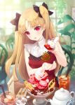  1girl :o bangs black_ribbon blonde_hair bowl chair commentary_request cup dress drinking_glass drinking_straw ereshkigal_(fate/grand_order) eyebrows_visible_through_hair fate/grand_order fate_(series) food fork fruit hair_ribbon head_tilt ice_cream knife long_hair looking_at_viewer offering parted_bangs patori pov_dating red_dress red_eyes ribbon sitting sleeveless sleeveless_dress solo strawberry table teapot two_side_up 