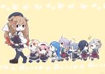  6+girls :3 absurdres ahoge akishimo_(kantai_collection) asashimo_(kantai_collection) asymmetrical_clothes asymmetrical_hair asymmetrical_legwear bangs black_gloves black_hair blonde_hair blue_hair blush bug butterfly chibi closed_eyes cosplay flag flower gloves gradient_hair grey_hair hair_ornament hair_over_one_eye hair_ribbon hairclip harusame_(kantai_collection) hayashimo_(kantai_collection) heterochromia highres holding insect kantai_collection kiyoshimo_(kantai_collection) light_brown_hair long_hair multicolored_hair multiple_girls murasame_(kantai_collection) musashi_(kantai_collection) musashi_(kantai_collection)_(cosplay) nami_nami_(belphegor-5812) open_mouth pink_hair ponytail remodel_(kantai_collection) ribbon sailor_collar samidare_(kantai_collection) scarf school_uniform serafuku sharp_teeth side_ponytail silver_hair simple_background skirt smile teeth twintails two_side_up white_scarf yellow_background yuudachi_(kantai_collection) 