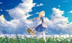  1girl absurdres alice_schuberg apron basket bird blonde_hair blue_dress blue_sky blurry_foreground bow braid braided_ponytail cloud day dress field floating_hair flower flower_field frilled_dress frills grass hair_bow hair_intakes hairband highres holding holding_basket huijin_zhi_ling long_hair low-tied_long_hair medium_dress outdoors ponytail scenery short_sleeves sky solo sword_art_online very_long_hair walking white_apron white_bow white_flower white_hairband white_legwear 