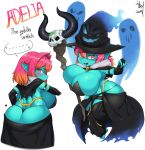  &lt;3 absurd_res adelia_(changbae) big_breasts big_butt blush breasts butt changbae cleavage clothed clothing female goblin hi_res huge_breasts humanoid looking_back magic_user short_stack solo spirit staff text thong underwear witch 