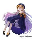  1girl abigail_williams_(fate/grand_order) absurdres bangs black_bow black_footwear black_ribbon blonde_hair blue_dress blue_headwear bow character_name closed_mouth dress eyes_visible_through_hair fate/grand_order fate_(series) floating_hair full_body gradient_hair hair_between_eyes hair_bow hands_on_own_knees highres long_hair looking_at_viewer mary_janes multicolored_hair multiple_hair_bows orange_bow parted_bangs popo_ot red_eyes ribbon shiny shiny_hair shoes shorts shorts_under_dress silver_hair simple_background sleeves_past_fingers sleeves_past_wrists smile solo very_long_hair white_background white_shorts 