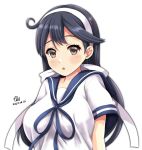  1girl ahoge black_hair blue_neckwear blue_sailor_collar breasts brown_eyes commentary_request hairband highres kantai_collection large_breasts long_hair looking_at_viewer neckerchief sailor_collar school_uniform serafuku simple_background solo tk8d32 upper_body ushio_(kantai_collection) white_background white_hairband 
