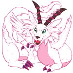  1:1 3_toes ambiguous_gender claws digimon digimon_(species) dragon eyelashes feligriffin feral fur furred_dragon green_eyes hi_res horn lying magnadramon multi_wing open_mouth pink_body pink_fur simple_background teeth toes tongue white_background wings 