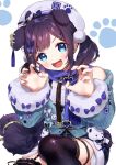  1girl :d aiba_uiha animal_ears bare_shoulders beret black_hair black_legwear blue_bow blue_eyes blue_jacket blue_nails blue_sky bow braid claw_pose commentary_request dog_ears dog_girl dog_tail fangs fur-trimmed_sleeves fur_trim hands_up hat heart jacket kemonomimi_mode long_sleeves nail_polish nijisanji off_shoulder open_mouth simple_background sky smile solo squatting tail thighhighs virtual_youtuber white_background white_headwear yamabukiiro 