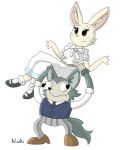  2020 anthro beastars blush canid canine canis carrying cheek_tuft clothed clothing duo facial_tuft female fully_clothed fur grey_body grey_fur haru_(beastars) inner_ear_fluff lagomorph legoshi_(beastars) leporid male mammal meme nimki rabbit simple_background tuft white_background white_body white_fur wolf 