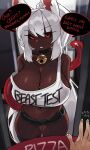  1girl animal_ears black_sclera breasts cat_ears cat_girl cat_tail cleavage coco_(bakeneko) colored_sclera dark_skin doorway food highres huge_breasts long_hair looking_at_viewer navel original pizza ponytail speech_bubble tail very_dark_skin very_long_hair white_hair zanamaoria 