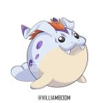  1:1 ambiguous_gender digimon digimon_(species) fangs fusion gomamon hair hi_res markings nintendo orange_hair pok&eacute;mon pok&eacute;mon_(species) pok&eacute;mon_fusion purple_markings solo spheal spots video_games villiamboom1 white_body 