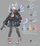  1girl absurdres animal_ears assault_rifle black_hair commentary detached_wings english_text full_body gun highres original pantyhose puremage rifle science_fiction simple_background standing tachi-e tail weapon wings 
