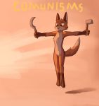  2020 anthro canid canine communism enginetrap english_text featureless_crotch fox fur hammer_and_sickle hi_res holding_object holding_tool light lighting mammal nude orange_body orange_fur politics sickle solo text tools 