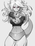  1girl android_21 black_nails black_sclera detached_sleeves dragon_ball dragon_ball_fighterz earrings grey_background greyscale hair_between_eyes hoop_earrings jewelry kemachiku long_hair looking_at_viewer majin_android_21 midriff monochrome nail_polish navel simple_background solo tail 