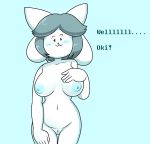  blue_clitoris blue_nipples breasts clitoris female genitals hair hand_on_breast hi_res looking_at_viewer mammal nipples nude presenting pussy tem temmie_(undertale) undertale video_games white_body 