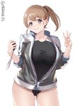  1girl blue_eyes blush breasts brown_hair ebifurya highres intrepid_(kantai_collection) jacket kantai_collection large_breasts one-piece_swimsuit ponytail short_hair smile swimsuit swimsuit_under_clothes thighs timer track_jacket upper_body w 