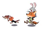  2020 alpha_channel anthro bottomwear brown_body brown_fur buckteeth canid canine carrying clothed clothing disney duke_weaselton fox fully_clothed fur gesture grey_body grey_fur group judy_hopps lagomorph leporid mammal mustela mustelid musteline necktie nick_wilde on_shoulders open_mouth orange_body orange_fur pants pointing rabbit red_fox running shirt signature simple_background teeth topwear totino-s transparent_background zootopia 