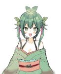  1girl :3 :d absurdres bangs breasts cleavage commentary_request copyright_request eyebrows_visible_through_hair green_eyes green_hair green_kimono hair_between_eyes hair_ornament highres japanese_clothes kimono leaf_hair_ornament medium_breasts midorikawa_you multicolored_hair obi off_shoulder open_mouth pink_hair pointy_ears sash simple_background smile solo twintails two-tone_hair upper_body upper_teeth white_background 