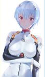  1girl ayanami_rei bangs blue_hair blush bodysuit breasts eyebrows_visible_through_hair gloves hair_ornament highres looking_at_viewer medium_breasts neon_genesis_evangelion number parted_lips plugsuit red_eyes short_hair simple_background solo tipo_(tipoplaza) upper_body white_background white_bodysuit white_gloves 