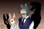  2019 anthro beastars blush brown_background brown_eyes canid canine canis cheek_tuft clothed clothing duo english_text facial_tuft fur grey_body grey_fur haru_(beastars) lagomorph legoshi_(beastars) leporid looking_at_another mammal rabbit shadow simple_background text tuft white_body white_fur wolf yamisu491 