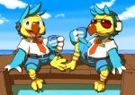  amber_eyes animal_crossing anthro avian barefoot belt bird blue_body blue_feathers bottomwear brother brothers clothing cloud columbid cup dock dodo duo eyewear feathers headgear headphones headset hi_res male nakayan necktie nintendo open_mouth orville_(animal_crossing) outside sea shirt shorts sibling sitting sky smile sunglasses talons topwear video_games water wilbur_(animal_crossing) 