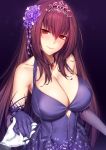  1girl bangs bare_shoulders blush breasts cleavage closed_mouth dress elbow_gloves fate/grand_order fate_(series) flower gloves hair_between_eyes hair_flower hair_ornament heroic_spirit_formal_dress highres holding_hands jewelry large_breasts long_hair looking_at_viewer lun7732 necklace pendant purple_background purple_dress purple_gloves purple_hair red_eyes scathach_(fate)_(all) scathach_(fate/grand_order) smile tiara 