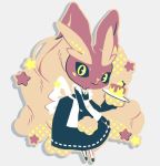  black_dress black_sclera bunny bunny_focus cake closed_mouth clothed_pokemon commentary creature dress english_commentary food full_body gen_4_pokemon looking_at_viewer lopunny no_humans pinkgermy plate pokemon pokemon_(creature) smile solo yellow_eyes 