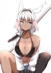  1girl animal_ears bangs bare_shoulders belt bikini black_bikini blue_eyes blue_shorts body_markings breasts buckle caenis_(fate) cleavage collarbone dark_skin denim denim_shorts dog_tags fate/grand_order fate_(series) hair_intakes hairband jacket large_breasts long_hair long_sleeves mituyota_76 navel off_shoulder open_clothes open_jacket open_mouth polearm short_shorts shorts simple_background solo spear squatting swimsuit tattoo weapon white_background white_hair white_jacket 