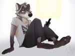  absurd_res anthro clothed clothing fingers half-closed_eyes hi_res holding_object male mammal narrowed_eyes paws phone procyonid raccoon rosphix simple_background sitting solo toes whiskers 